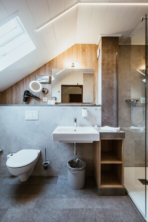 Une salle de bain moderne avec un puits de lumière, un grand miroir, un lavabo, des toilettes et une douche.