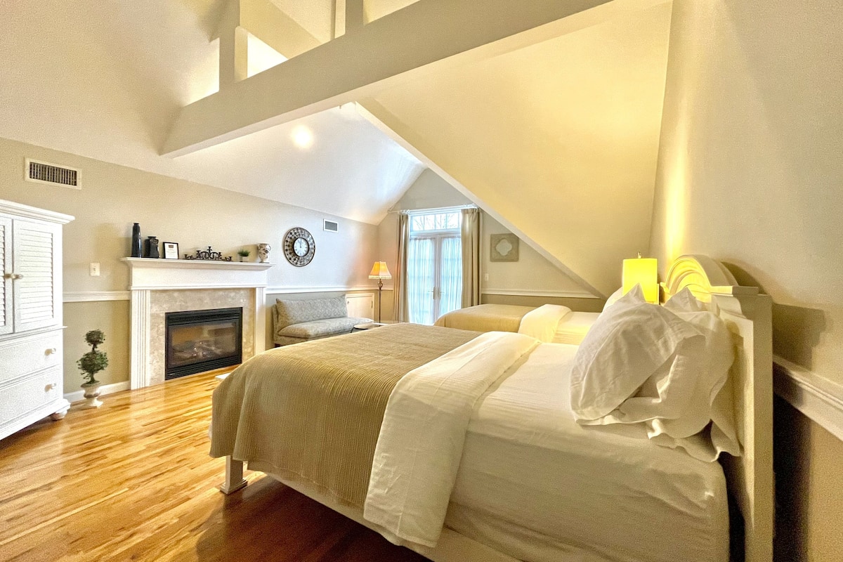 A bedroom with a large bed, a fireplace, and a view of the outdoors.