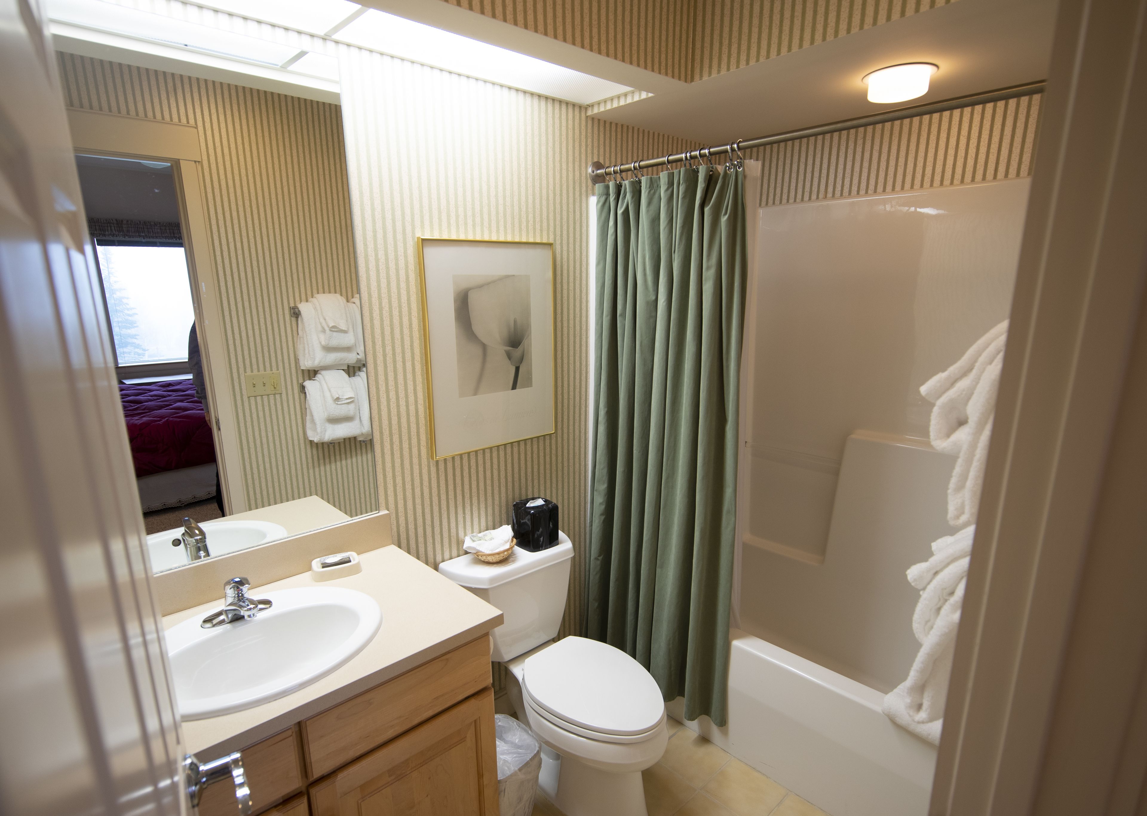 A bathroom with a sink, toilet, and shower.