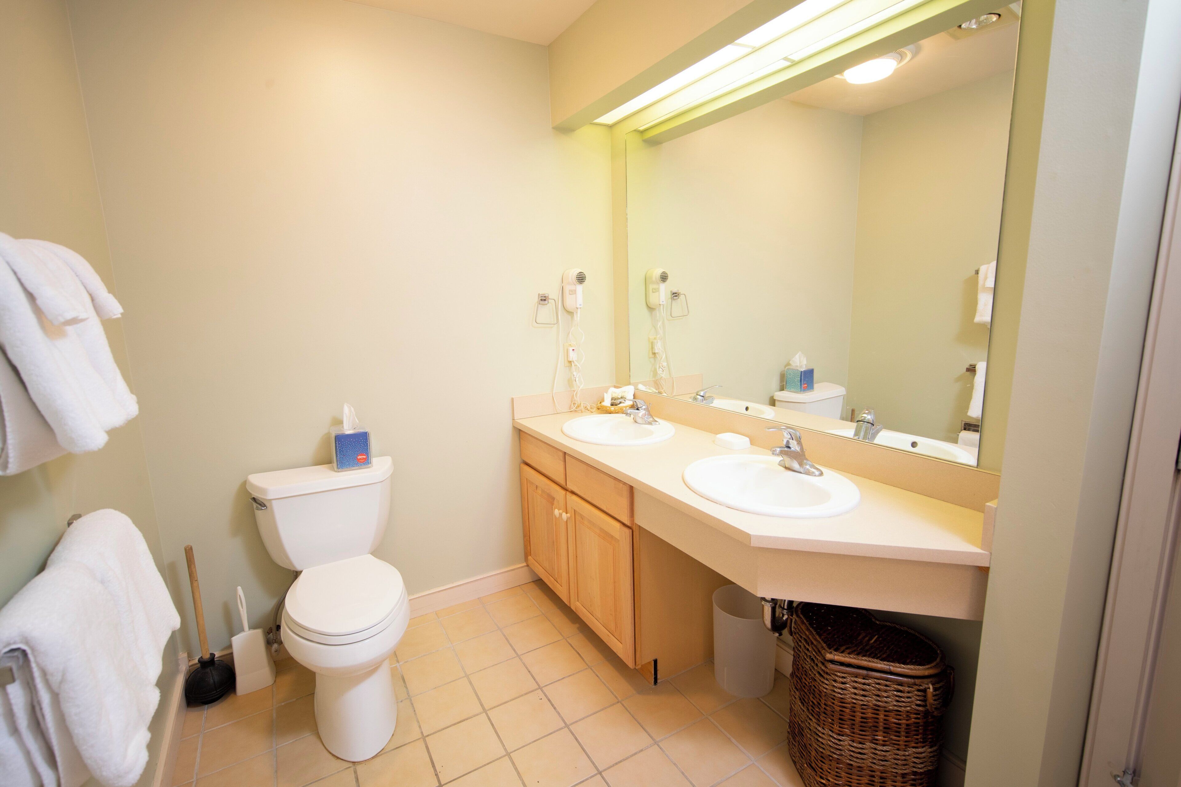A bathroom with a toilet, two sinks, a mirror, and a trash bin.