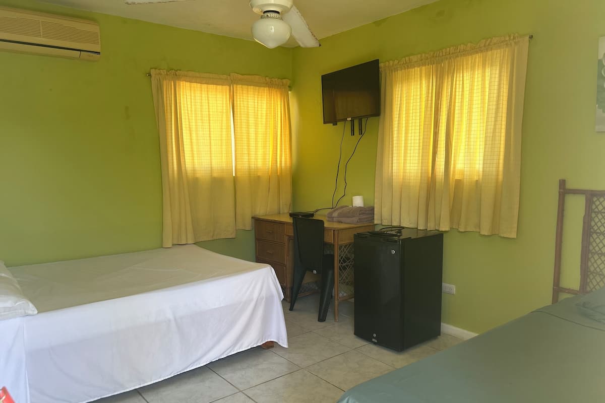 Una habitación con dos camas, un escritorio, un televisor y aire acondicionado.