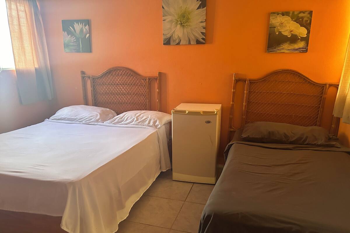 Una habitación con dos camas, un refrigerador pequeño y decoración floral en las paredes.