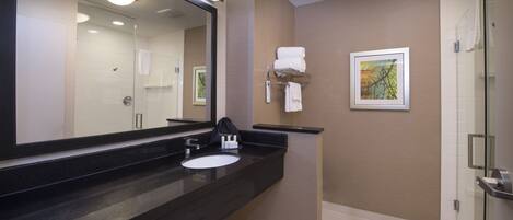 A modern bathroom with a large mirror, black countertop, white sink, and a glass shower enclosure.