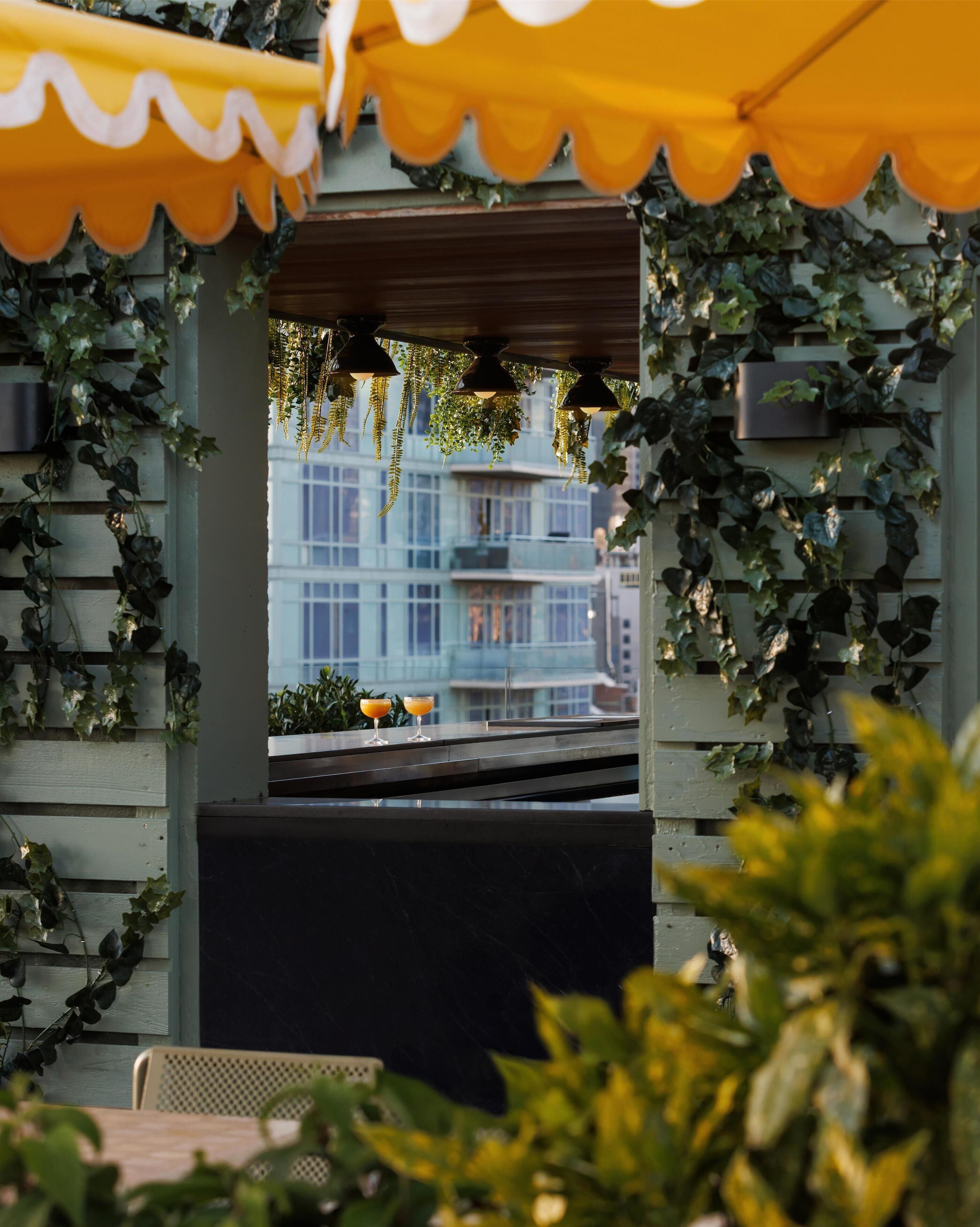 An outdoor seating area with a view of a building through a window, surrounded by greenery and a yellow awning.