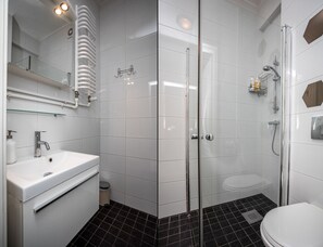 Apartament Comfort, 2 dormitoris, cuina bàsica, vistes a la ciutat | Bany | Dutxa, articles de tocador gratuïts, assecador de cabells i tovalloles 