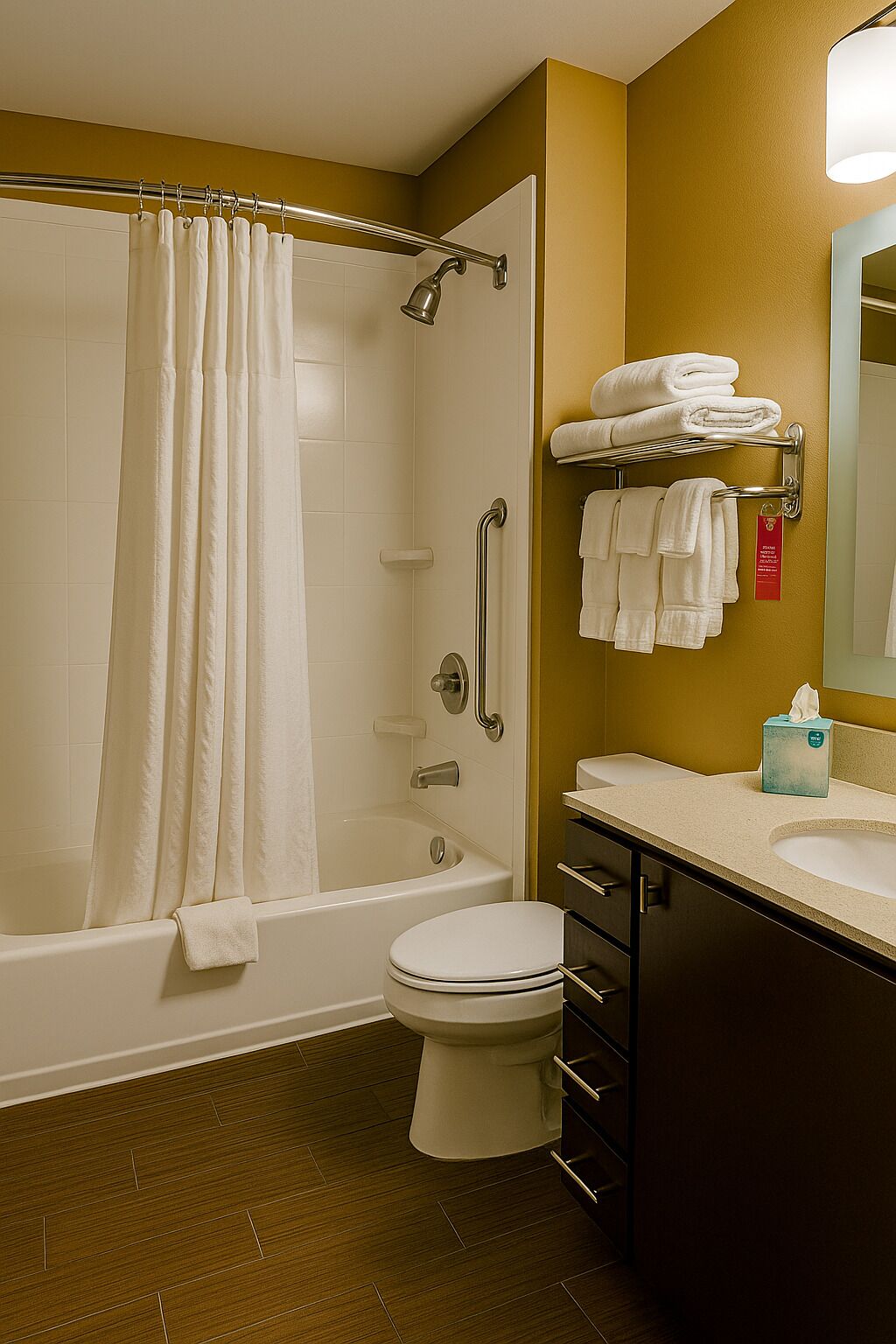 combined shower/bathtub, hair dryer, towels
