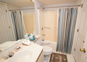 Un baño con lavabo, inodoro y ducha. Hay pañuelos de papel y un dispensador de jabón en el lavabo.