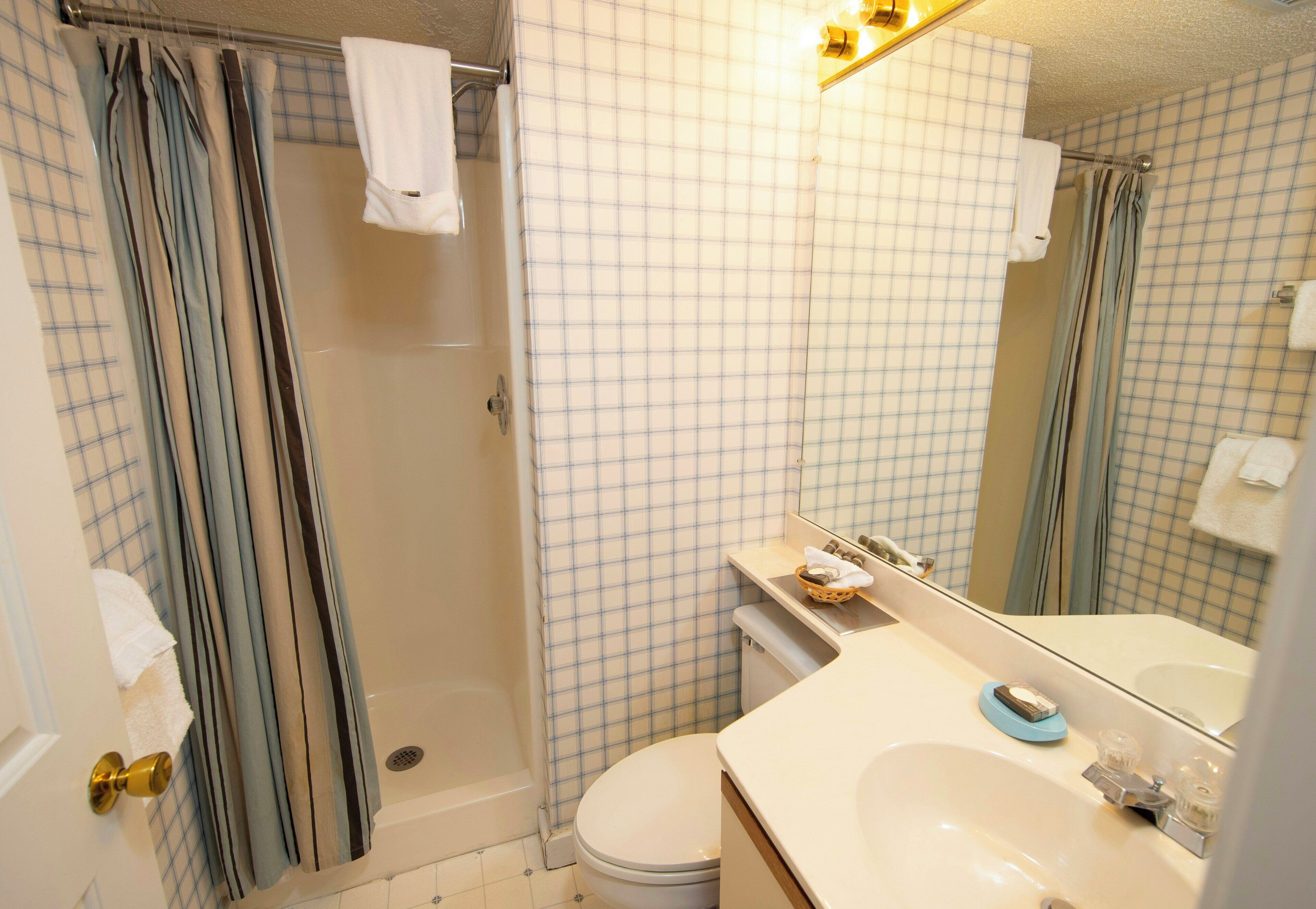 A bathroom with a shower, toilet, sink, and a mirror.