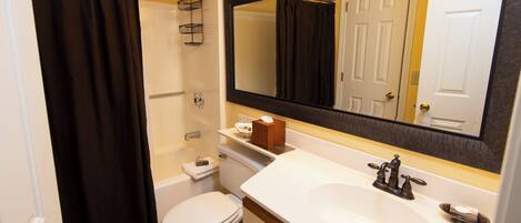 A bathroom with a white sink, a large mirror, a toilet, and a shower curtain.