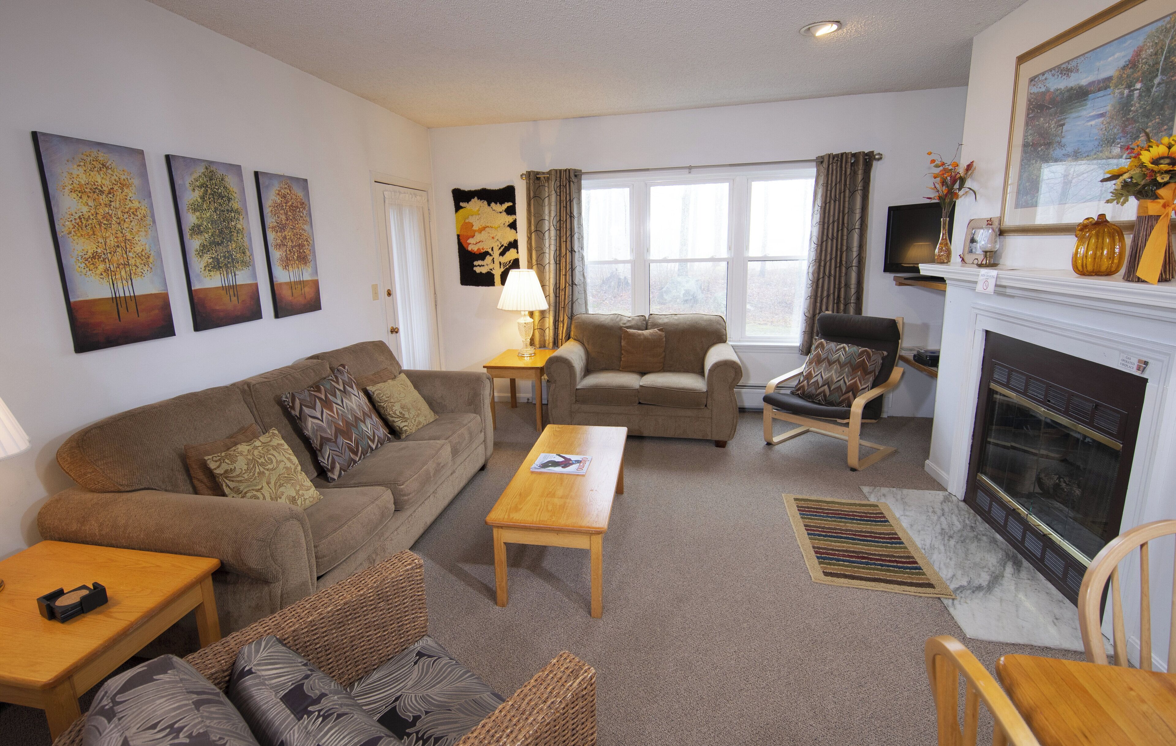 A living room with a sofa, armchair, coffee table, and fireplace. There are three paintings on the wall and a television on a stand.