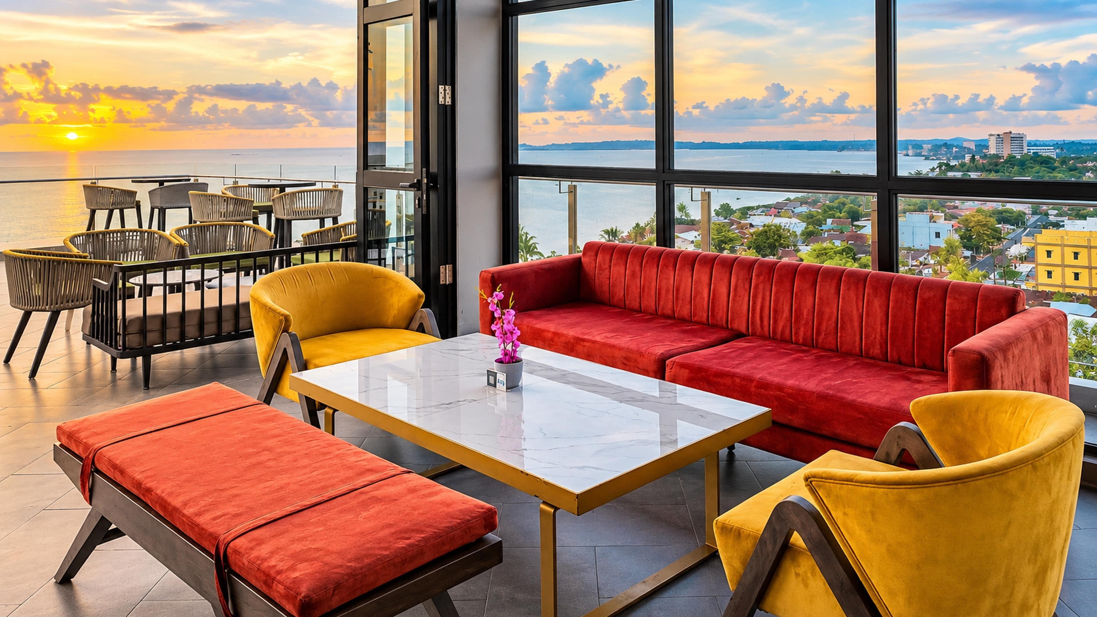 A modern interior with a red sofa, yellow chairs, and a glass table.