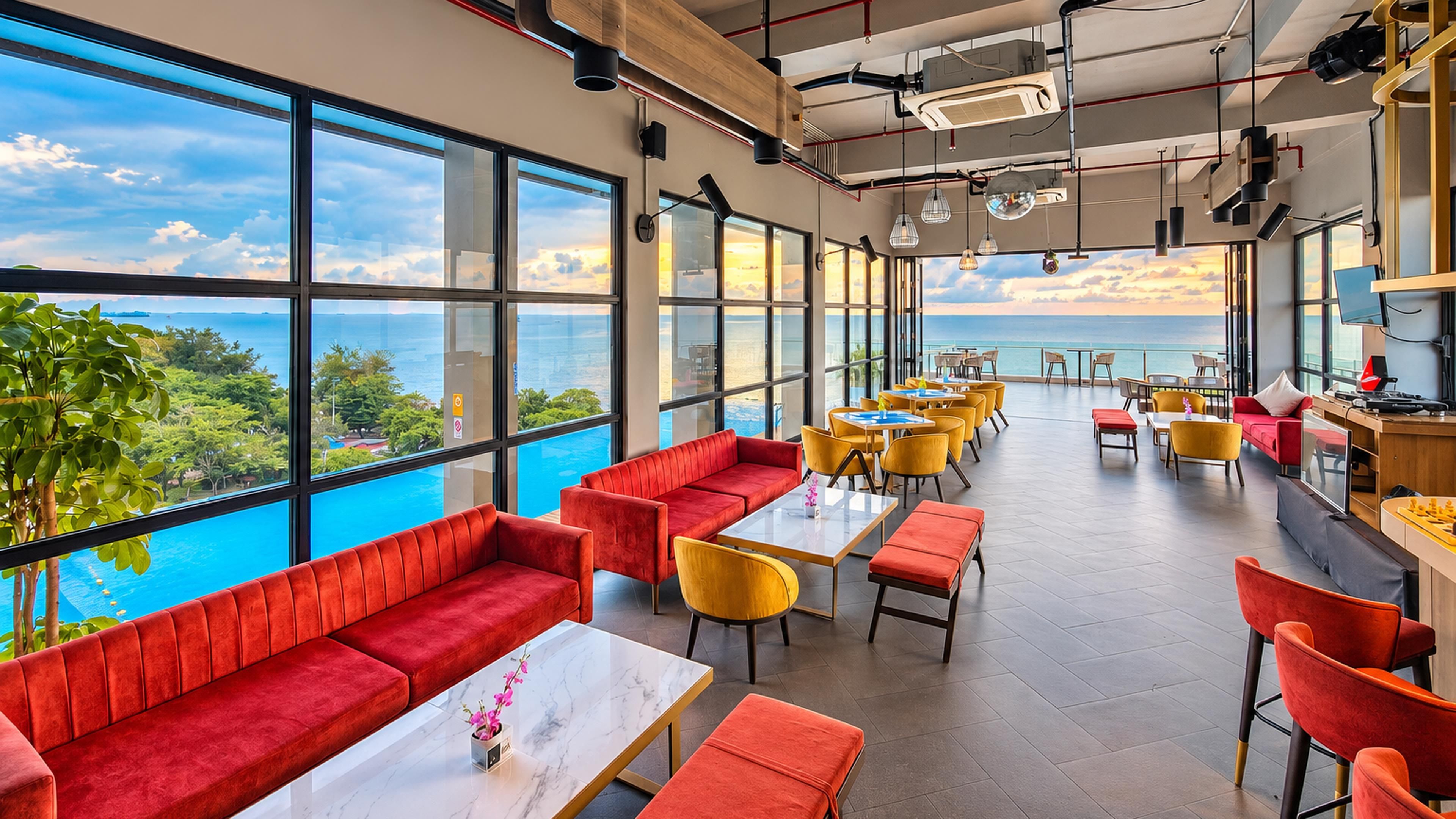 A modern interior with large windows, red seating, yellow chairs, and a view of the ocean.