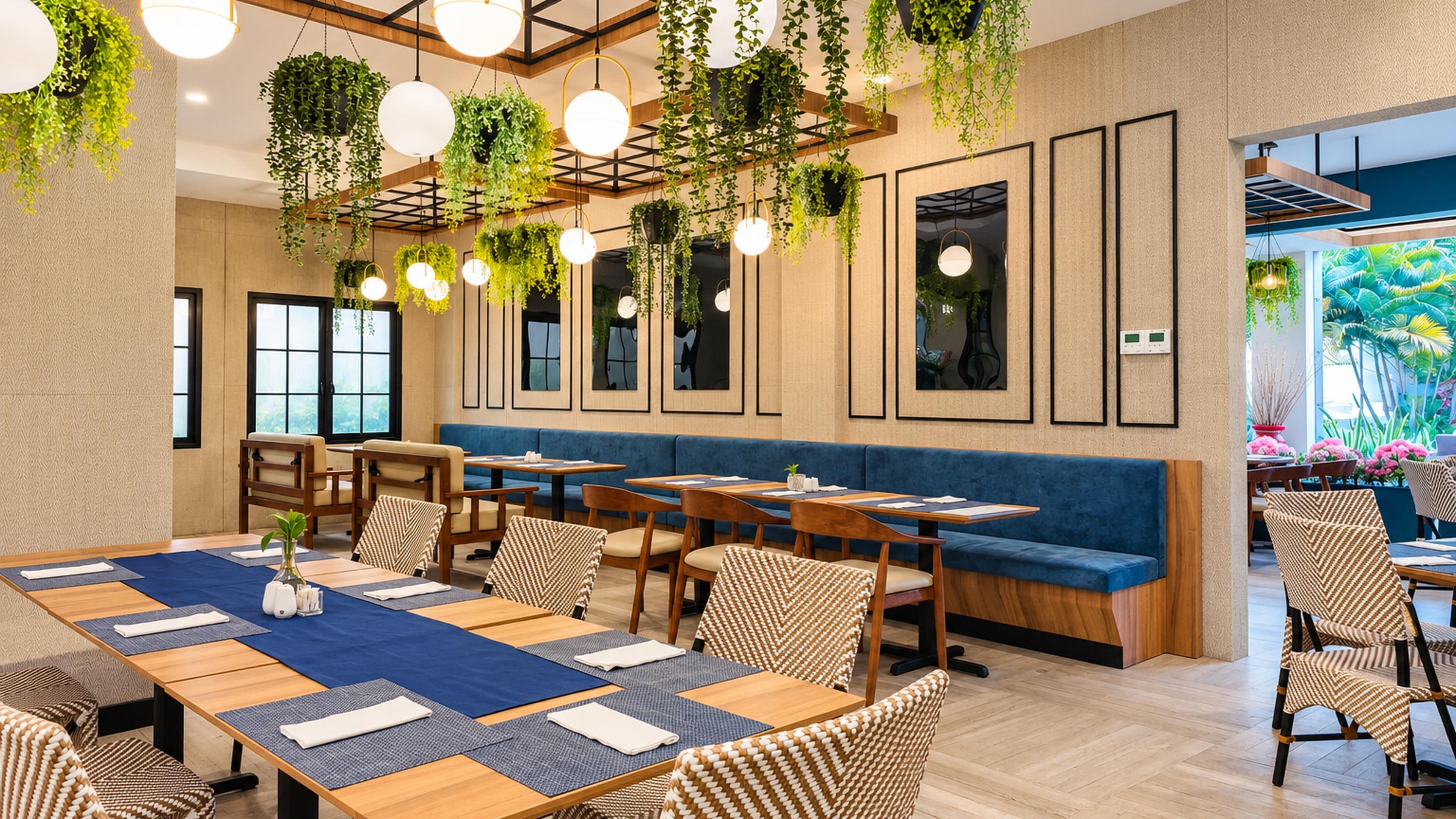 A restaurant interior with wooden tables, blue cushioned seating, hanging plants, and framed artwork on the walls.