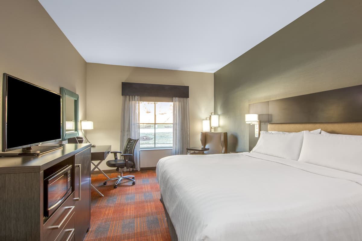 Una habitación de hotel con una cama grande, un escritorio con televisor de pantalla plana, una silla, una ventana con cortinas y una mesita de noche con lámpara.