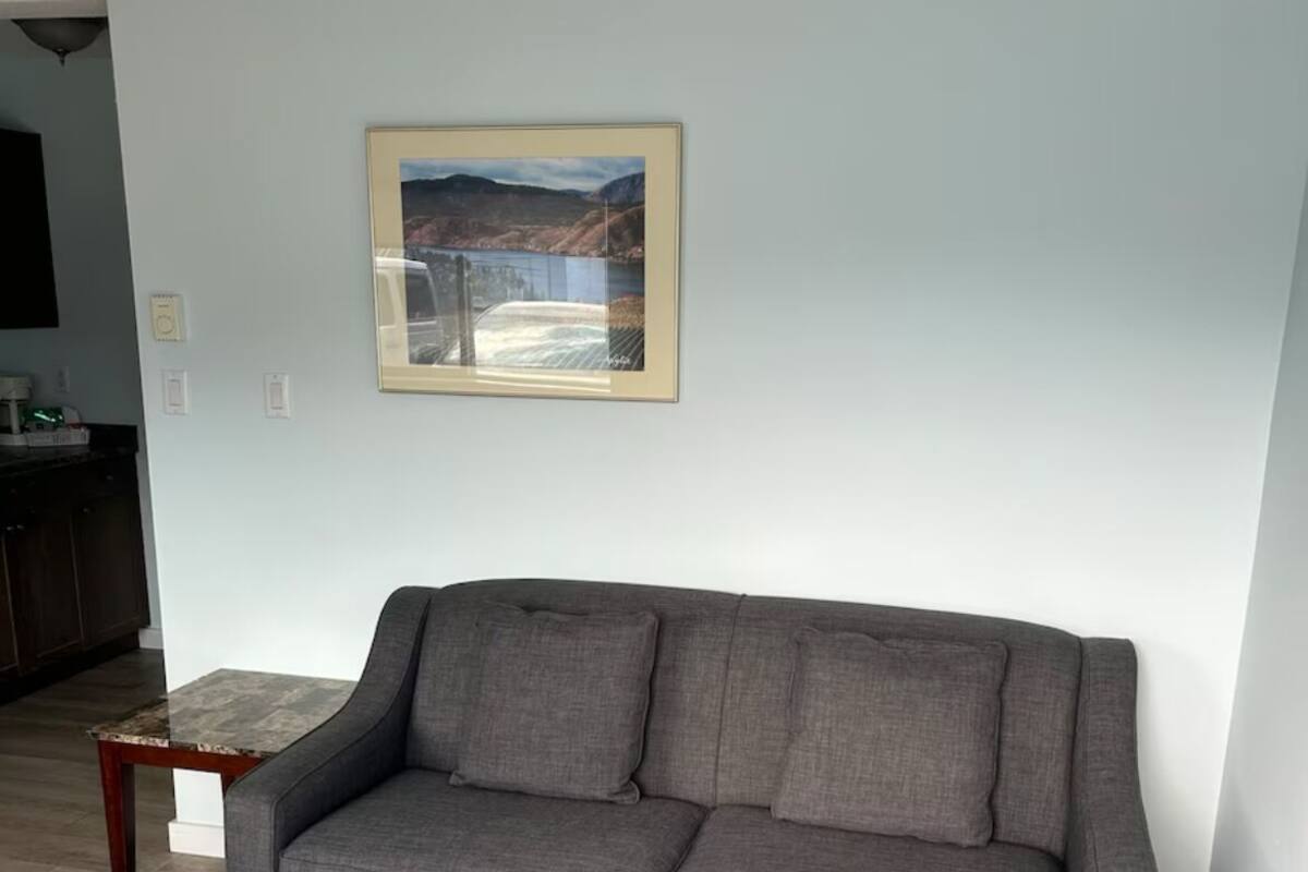 Een grijze bank in een woonkamer met een houten salontafel en een lijstwerk schilderij van een landschap aan de muur.