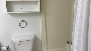 A bathroom with a toilet, a shower with a glass door, and a small cabinet above the toilet.