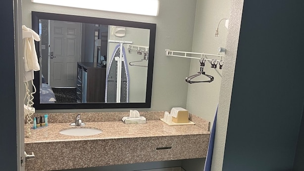 Un bagno d'albergo con lavabo in granito, uno specchio, un portascopevoli e una zona doccia.
