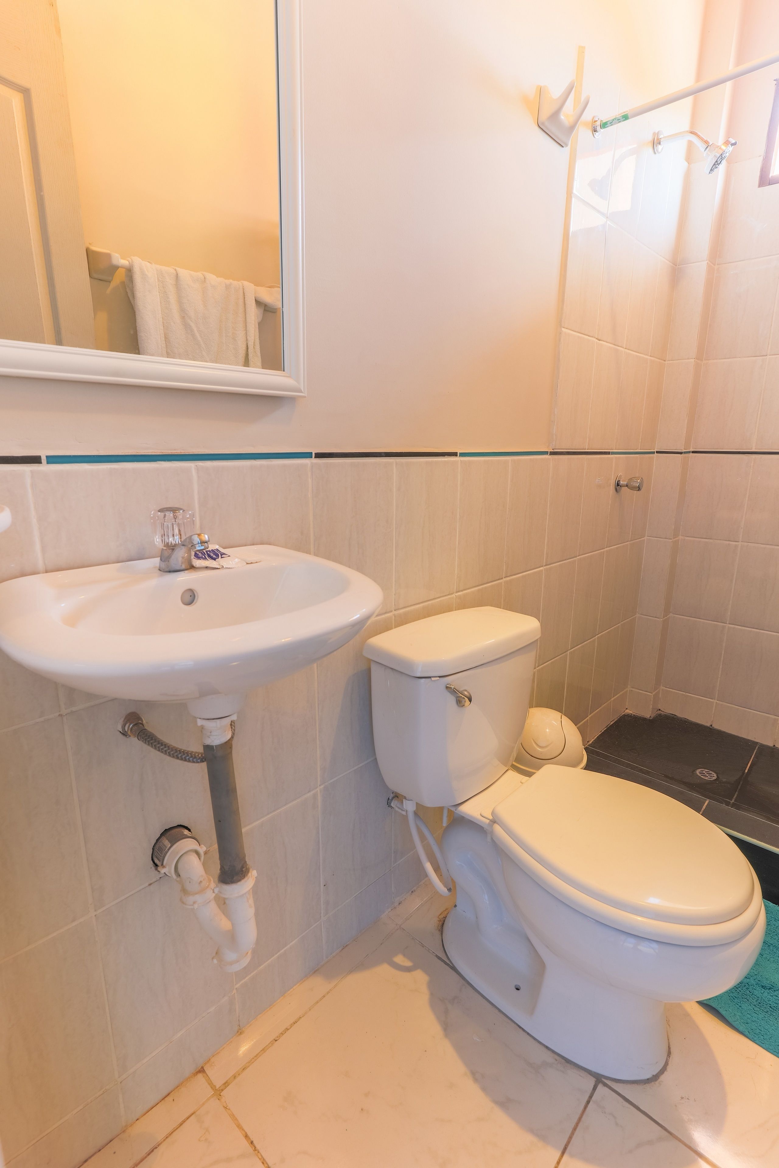 Un baño con lavamanos, inodoro y ducha blancos.