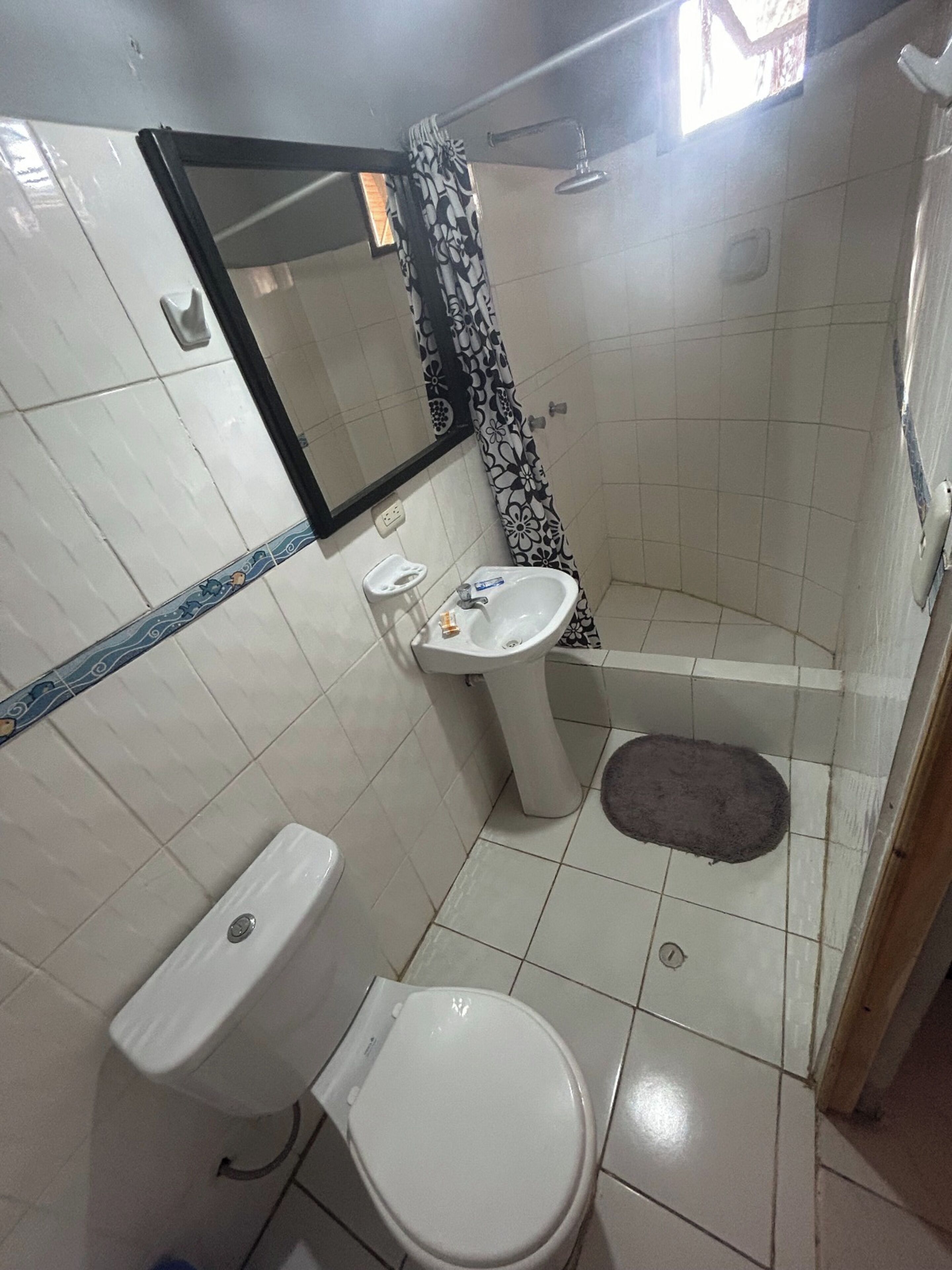 A bathroom with a toilet, sink, and shower.