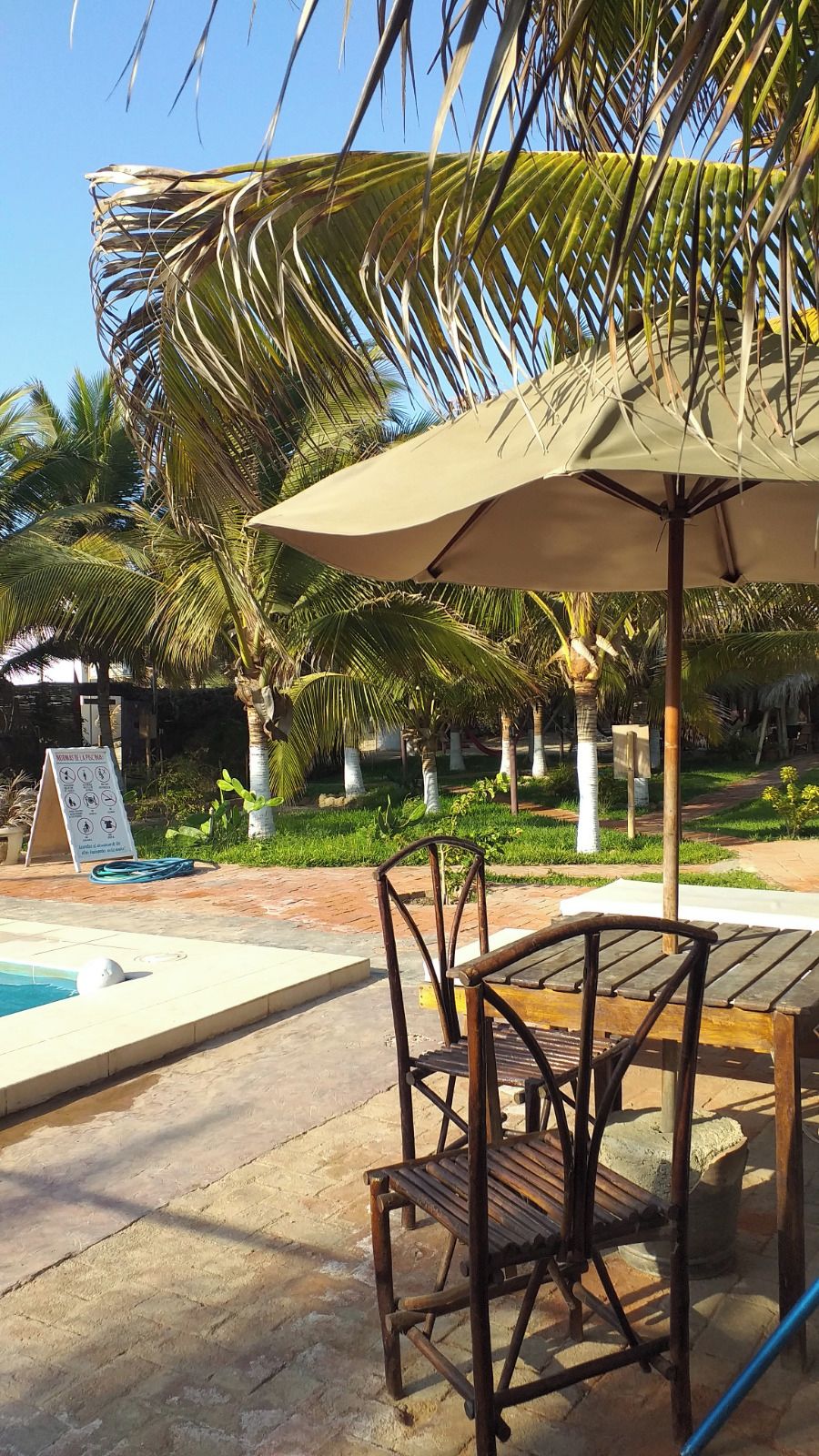 Un espace aménagé au bord de la piscine, avec une table et des chaises en bois sous un grand parasol, entouré de palmiers et agrémenté d’un panneau indicateur.
