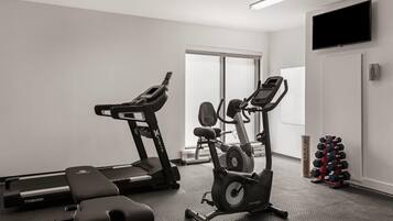 A gym with treadmills, an elliptical, a bench, and a dumbbell rack.