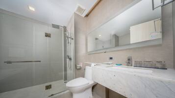 A modern bathroom with a glass shower enclosure, a white toilet, and a marble countertop with a mirror above.