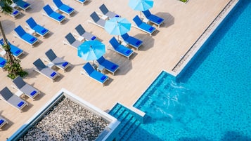 Outdoor pool, pool umbrellas, pool loungers