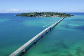 Un largo puente que se extiende sobre aguas azul cristalino hacia una isla verde con edificios.