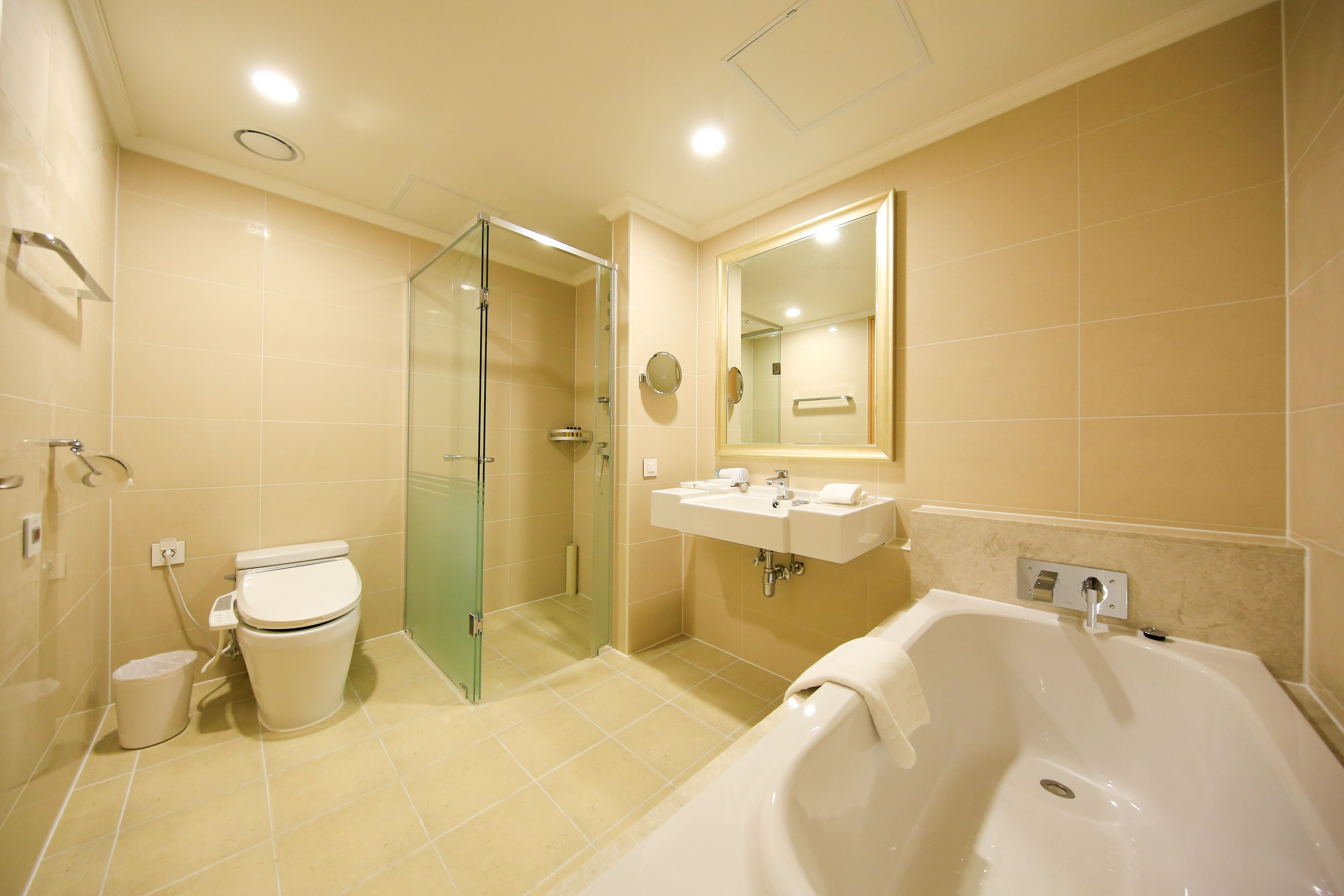 hair dryer, bathrobes, slippers, bidet