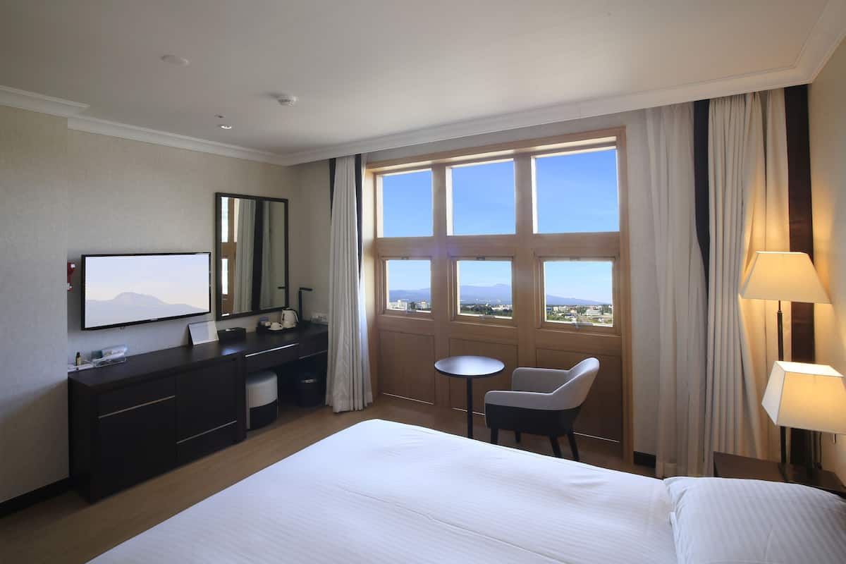 A hotel room with a large bed, a desk with a chair, a television, a mirror, and a window with curtains.