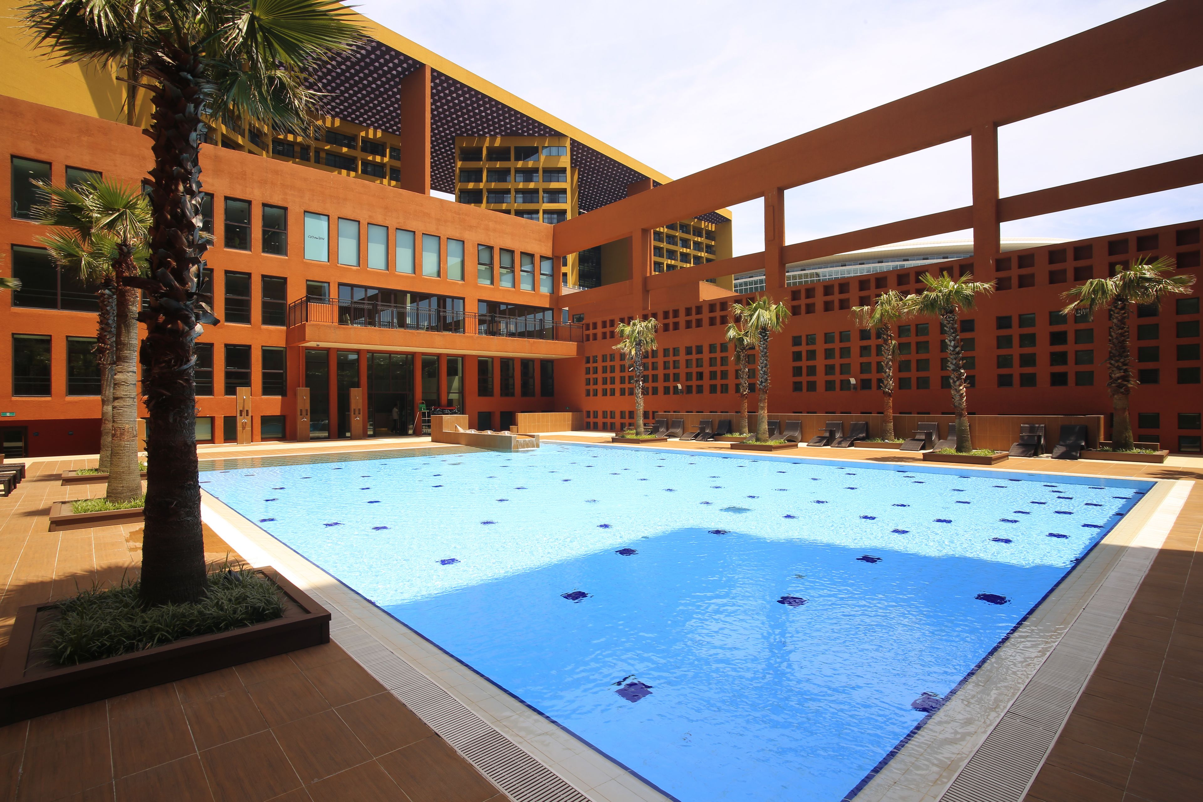 indoor pool, seasonal outdoor pool, pool loungers