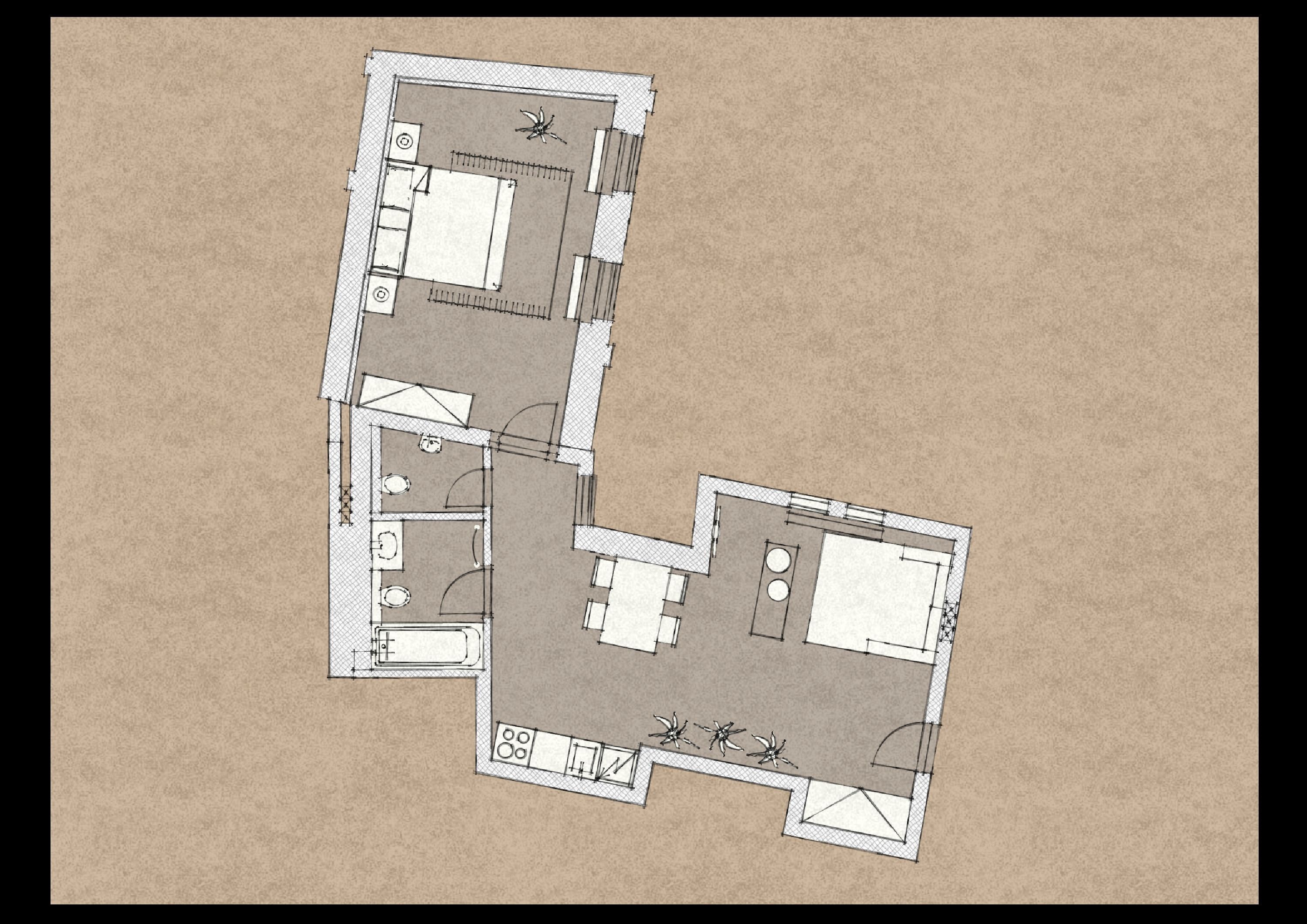 A floor plan of a hotel with two connected rooms, a kitchenette, a bathroom, and a small outdoor seating area.