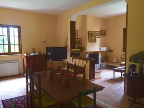 Un comedor con mesa, sillas, televisión y chimenea.