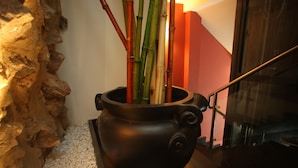 A stone wall, a black pot with bamboo, and a staircase. - Boutique Hotel Castilla (Soria)