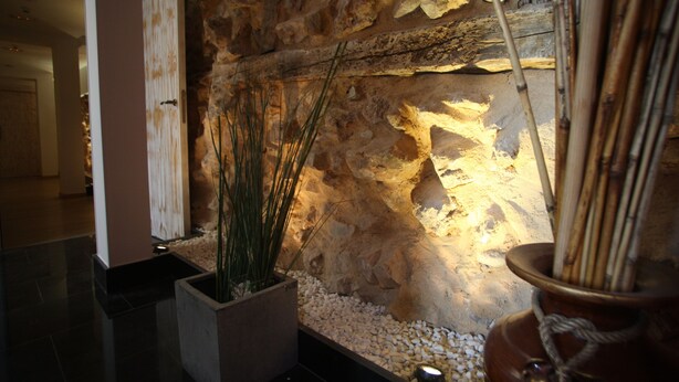 A stone wall with a rustic interior design, a potted plant, and a decorative vase with sticks. - Boutique Hotel Castilla (Soria)