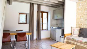 Un espacio habitable compacto con comedor, kitchenette y zona de estar.