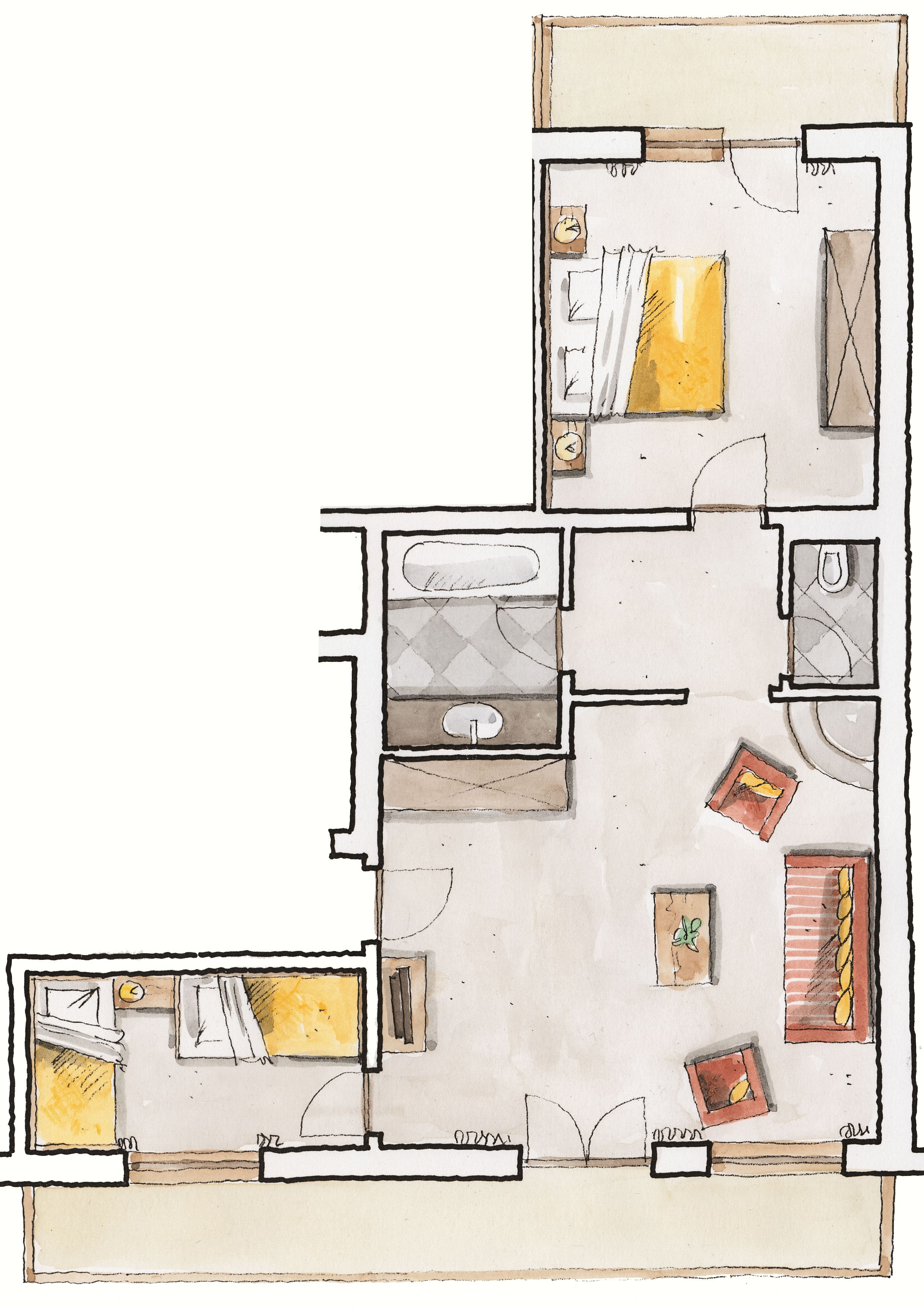 Plano de un cuarto de hotel con cama, baño, cocina y sala de estar con sofá y mesa.