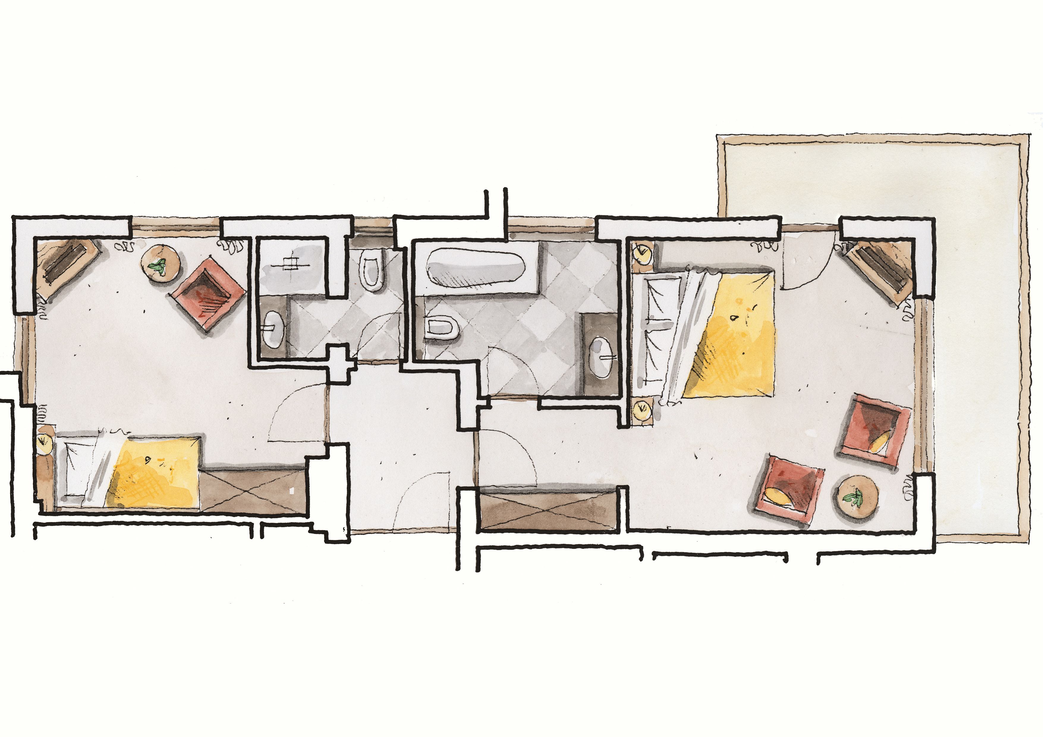 A floor plan of a hotel room with a bathroom, a dining area, and a small kitchen.