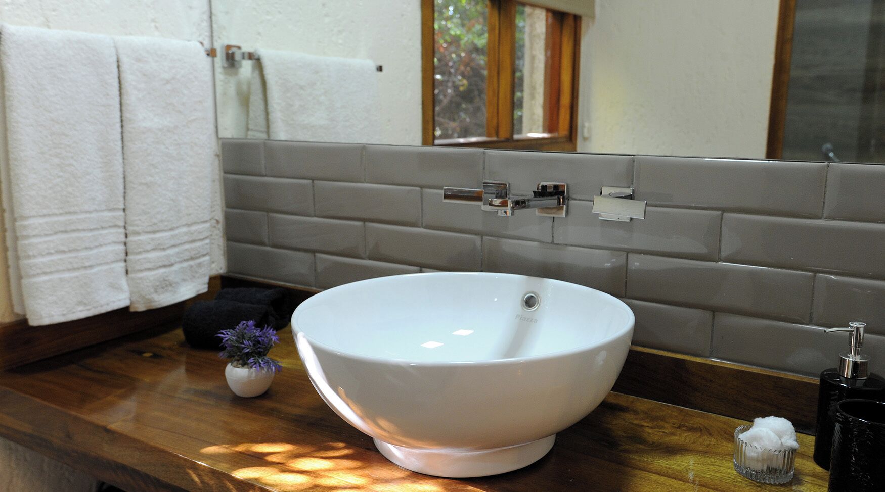 Un baño con un lavabo blanco de diseño, una pequeña planta en maceta, un recipiente de vidrio y un perchero para toallas.