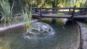 A pond with a wooden bridge and a fountain. - Pilgrim's Rest (Chacras de Coria)