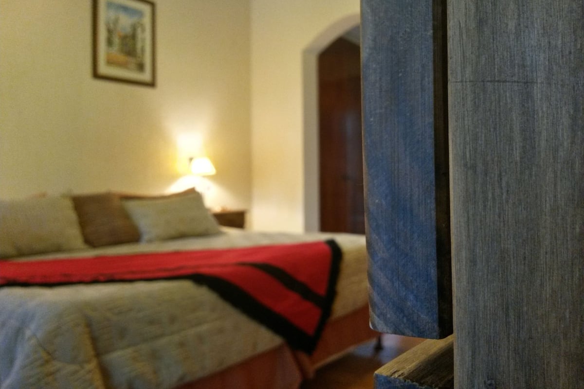 Une chambre à coucher avec un lit, des oreillers, une couverture rouge, une table de chevet avec une lampe et une porte en bois.