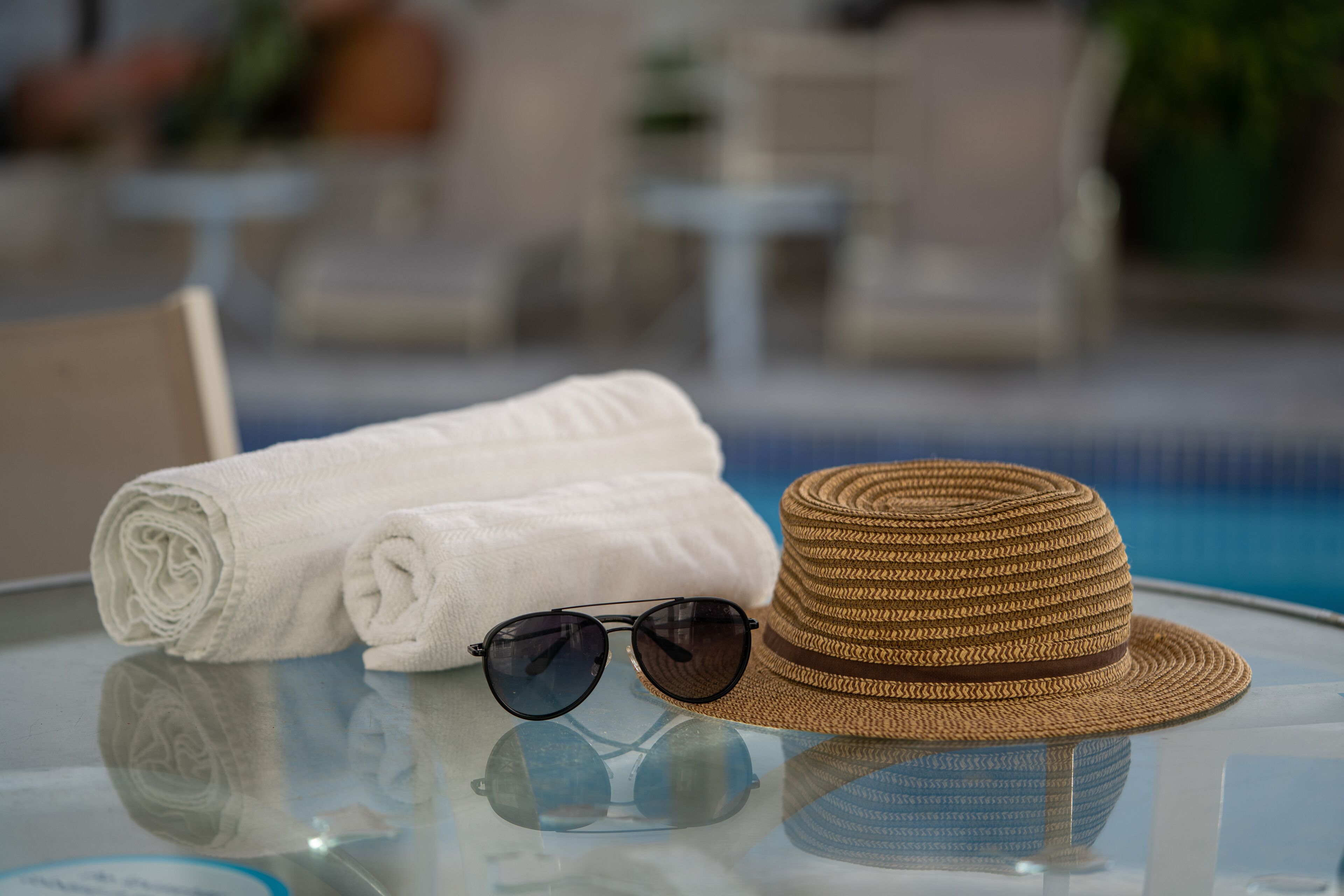 2 outdoor pools, open 10:30 am to 7:00 pm, pool umbrellas, pool loungers