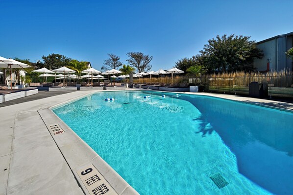 A swimming pool with lounge chairs and umbrellas, surrounded by trees and a building. - The Montauk Beach House (Montauk)