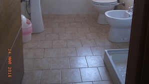 Une salle de bain équipée d’un lavabo, de toilettes, d’un bidet et d’une baignoire.