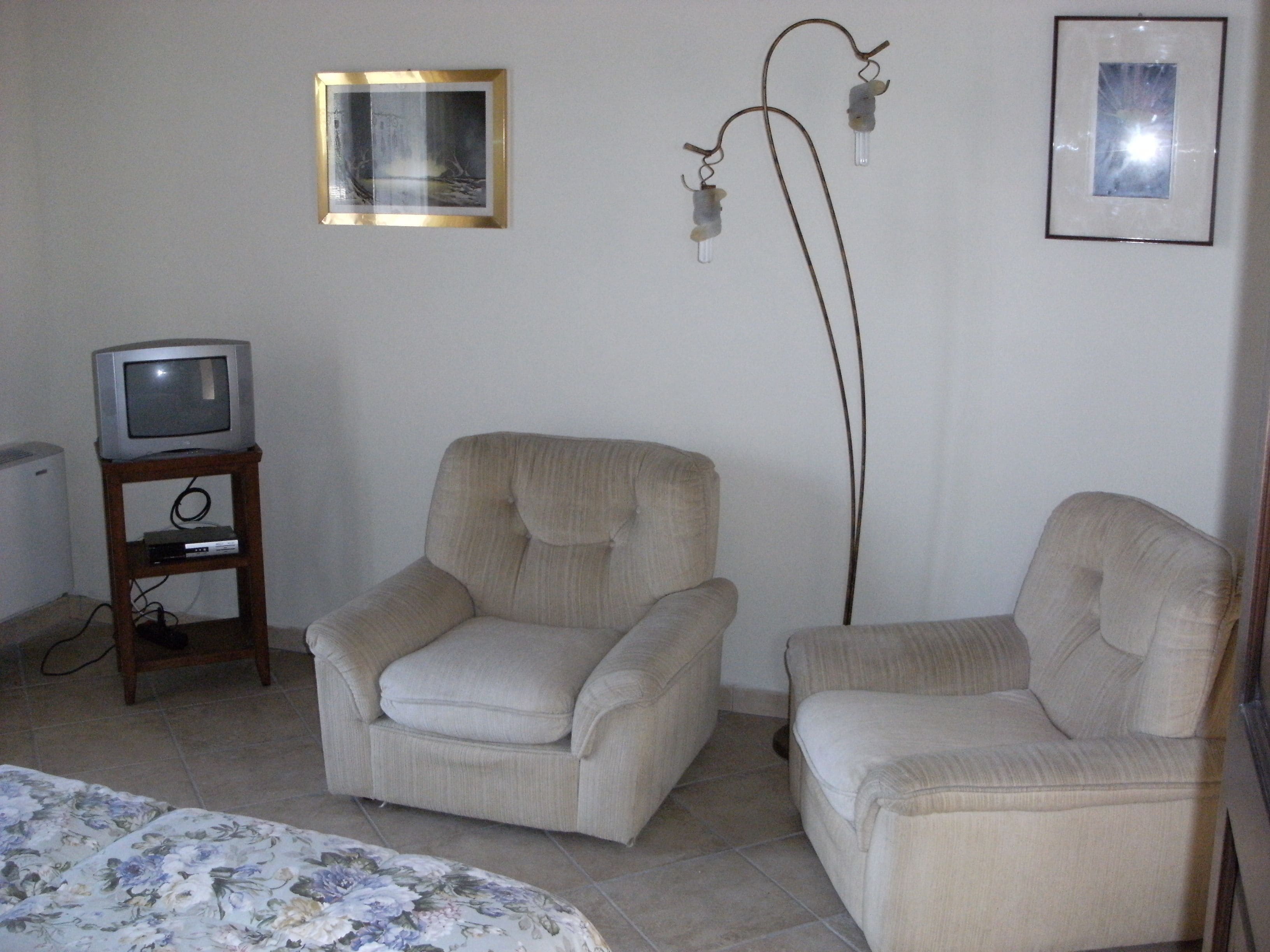 A room with two beige armchairs, a small wooden TV stand with a television, and a floor lamp.