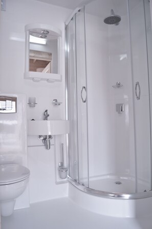 A modern bathroom with a glass-enclosed shower, a white sink, and a toilet.