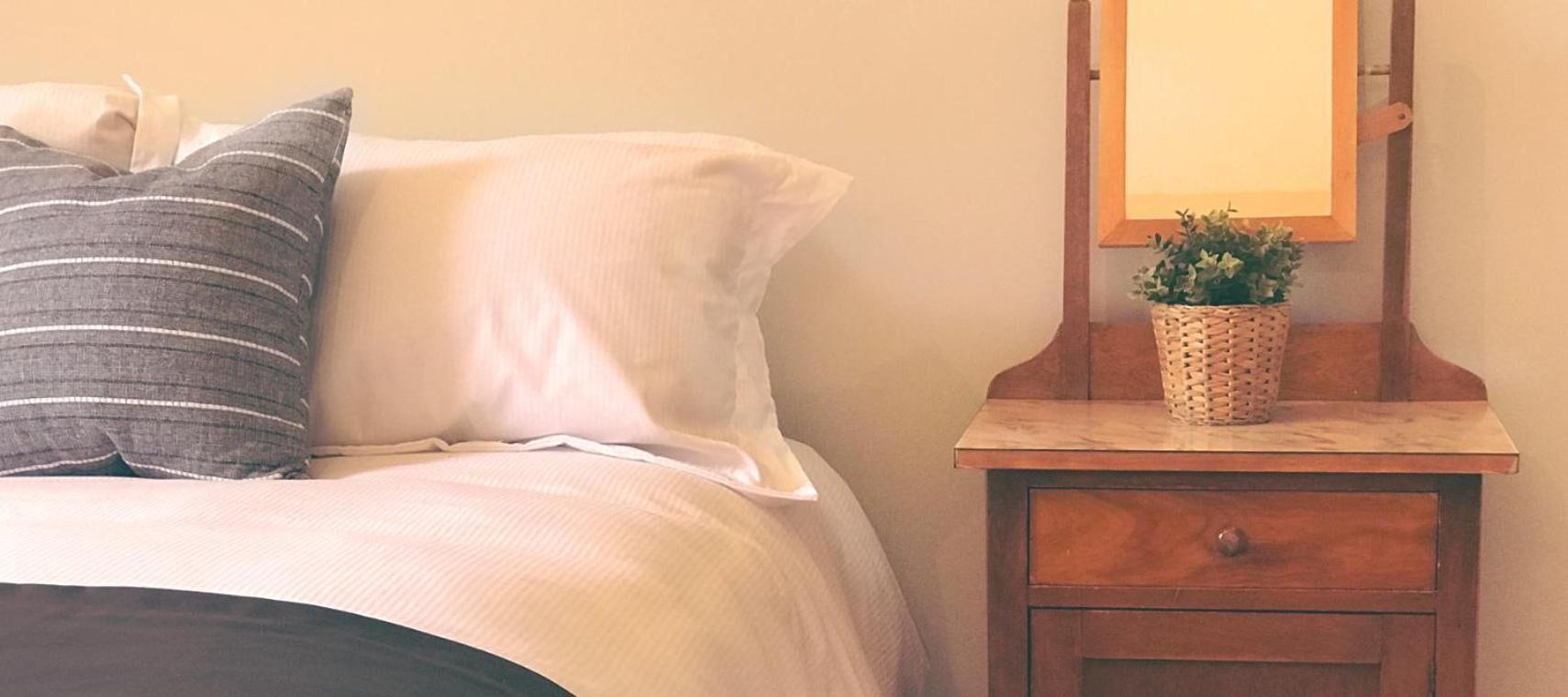 Una cama bien hecha con un almohadón a rayas y un almohadón liso, una mesita de noche de madera con un cajón y una pequeña planta en maceta.