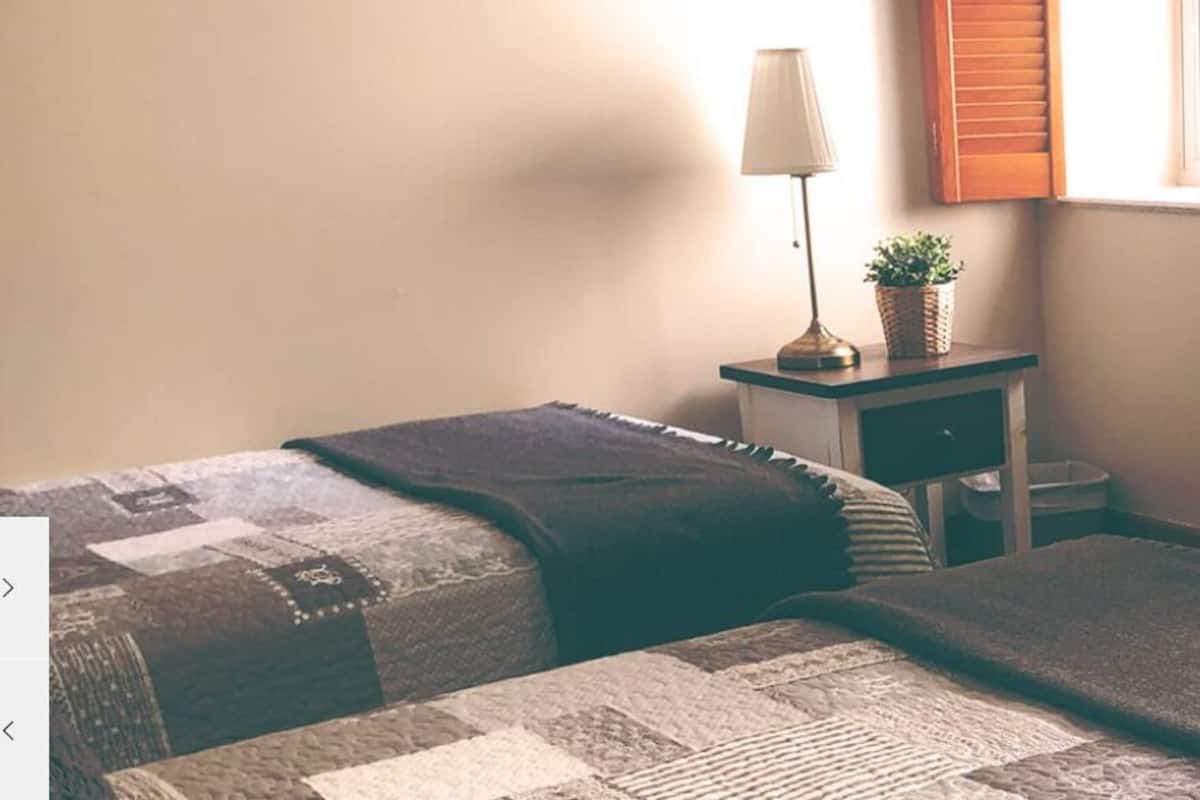 Ein Schlafzimmer mit zwei Betten, einem Nachttisch mit Lampe und Pflanze, einem Heizkörper und einem Sessel.