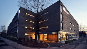 A modern building with a large tree in front, a visible sign reading "SOULWAVE," and a glass storefront. - Soulmade (Garching)