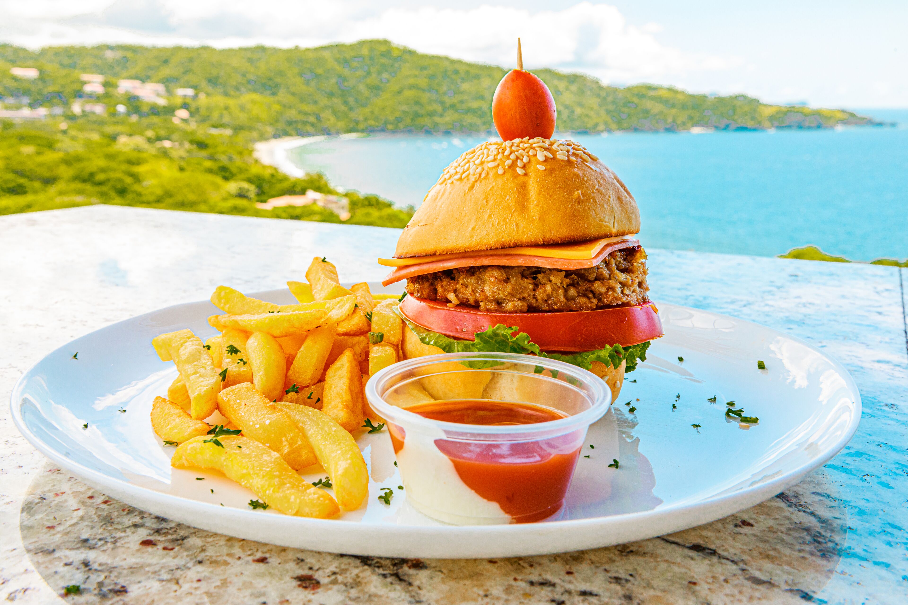 A burger with fries and ketchup on a plate, with a scenic view of a beach and hills in the background.